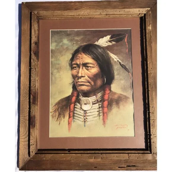 Vtg 70s BILL HAMPTON Art Print Native American Indian Western Framed 25x21 - Picture 1 of 15
